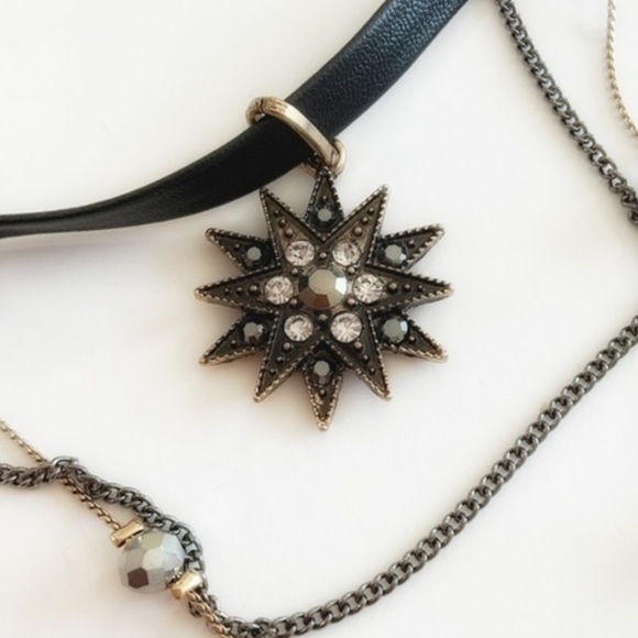 Layered Gothic Victorian Star Rhinestone Choker Vegan Leather - Picture 3 of 6